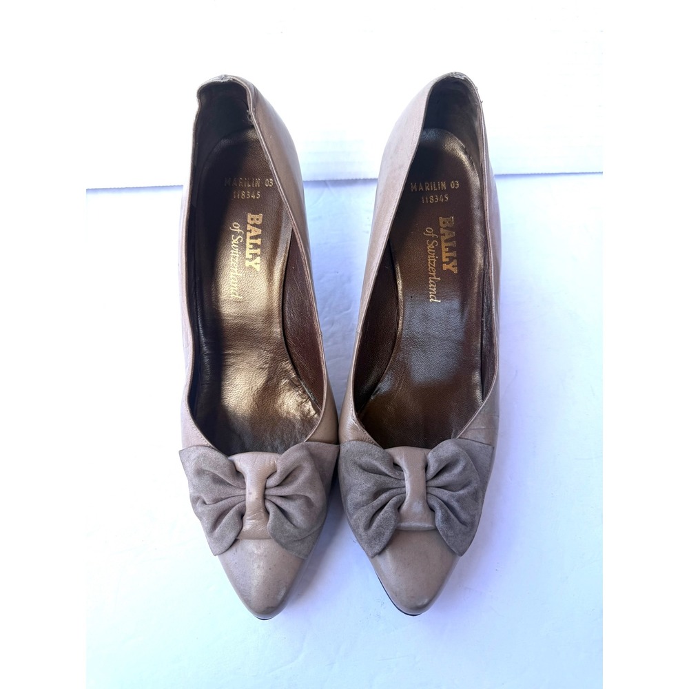 Bally Marilin 65 Taupe Leather Suede Bow Pointed‎ Toe Pump Shoes Sz 4E